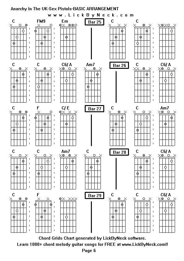 Chord Grids Chart of chord melody fingerstyle guitar song-Anarchy In The UK-Sex Pistols-BASIC ARRANGEMENT,generated by LickByNeck software.